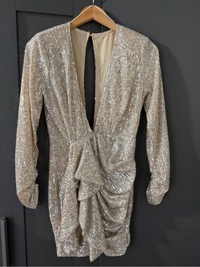 Luxxel Champagne Sequin Long-Sleeve Plunging Mini Dress